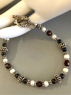 Estate Sterling Silver Chalcedony Garnet Quartz Stones Toggle Clasp